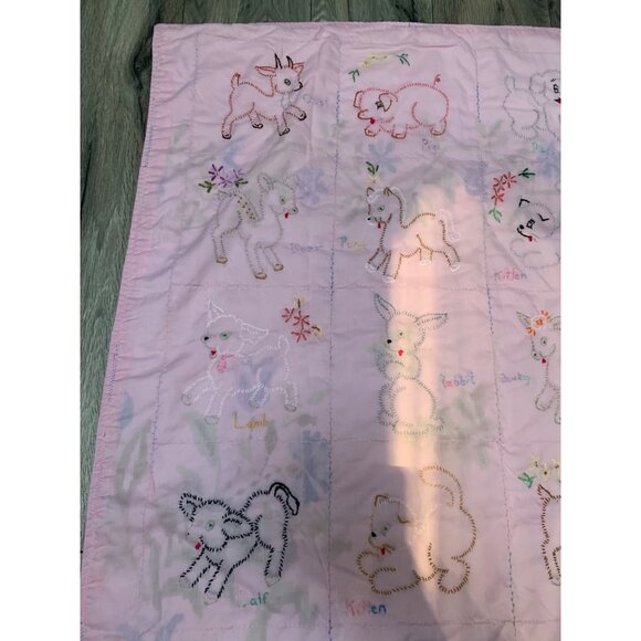 Vintage Handmade Girl Baby Hand-stitched Embroidered Pink Check Plaid Back Anima - Picture 2 of 6